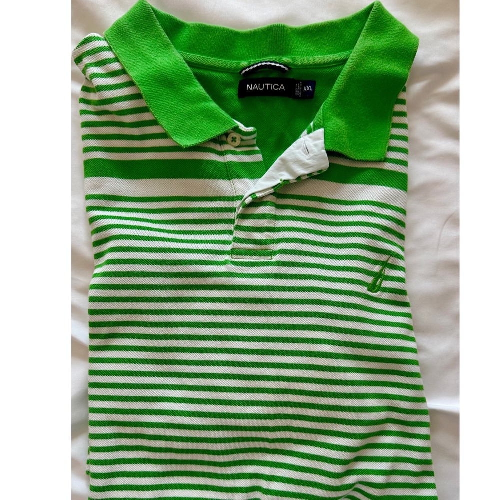 Nautica Mens XXL Green White Striped Short Sleeve Pique Polo Shirt Logo/Preppy